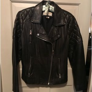 Michael Kors Moto black leather jacket with quilted shoulders. Size large